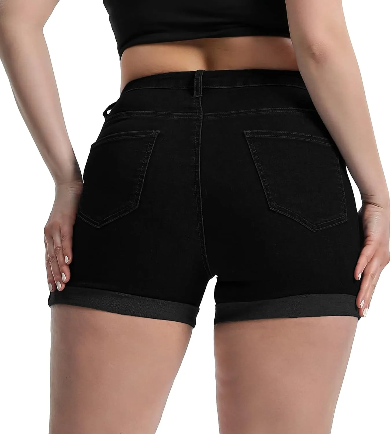Romastory Women's High Waisted Summer Elastic Jean Shorts Folded Hem Hot Denim Shorts for Women