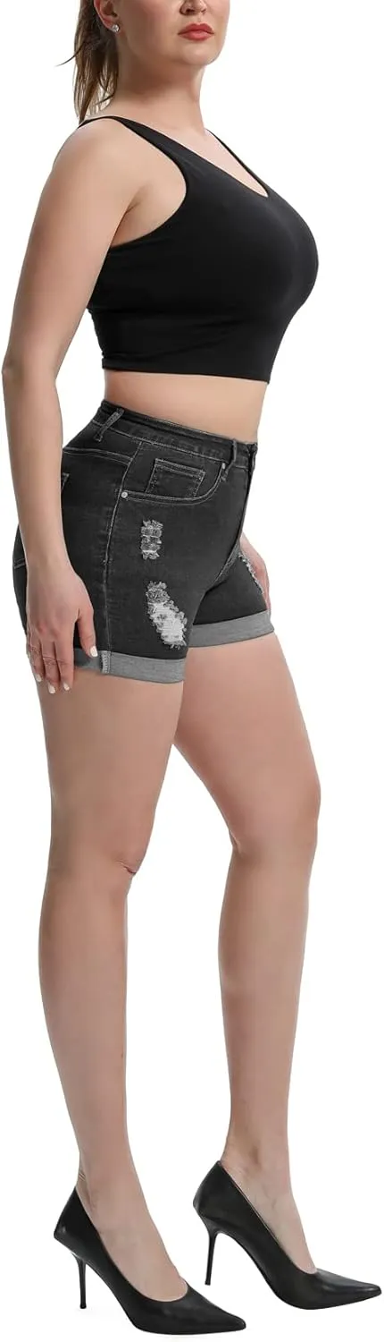 Romastory Women's High Waisted Summer Elastic Jean Shorts Folded Hem Hot Denim Shorts for Women