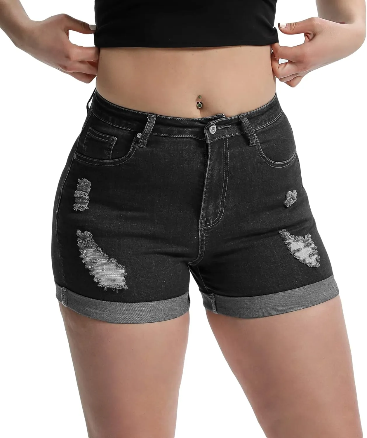 Romastory Women's High Waisted Summer Elastic Jean Shorts Folded Hem Hot Denim Shorts for Women