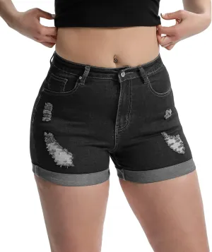 Romastory Women's High Waisted Summer Elastic Jean Shorts Folded Hem Hot Denim Shorts for Women
