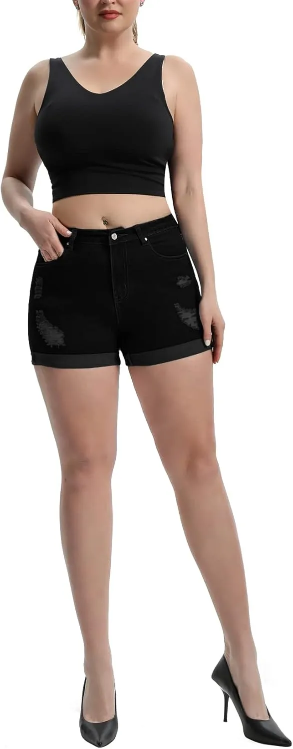 Romastory Women's High Waisted Summer Elastic Jean Shorts Folded Hem Hot Denim Shorts for Women