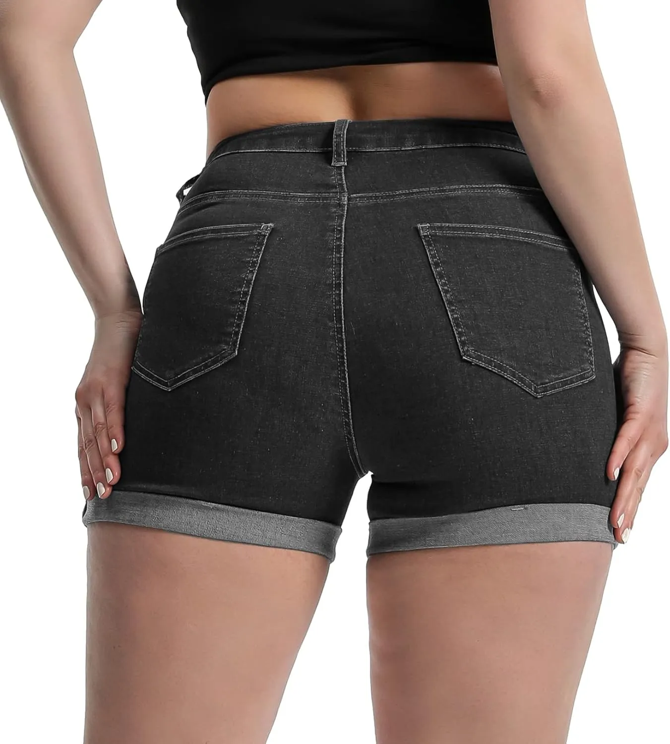 Romastory Women's High Waisted Summer Elastic Jean Shorts Folded Hem Hot Denim Shorts for Women