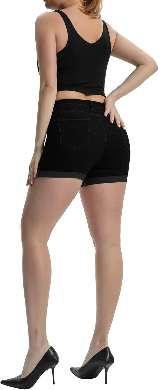 Romastory Women's High Waisted Summer Elastic Jean Shorts Folded Hem Hot Denim Shorts for Women