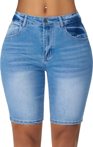 roswear Women's High Waisted Bermuda Shorts Stretchy Knee Length Jean Shorts