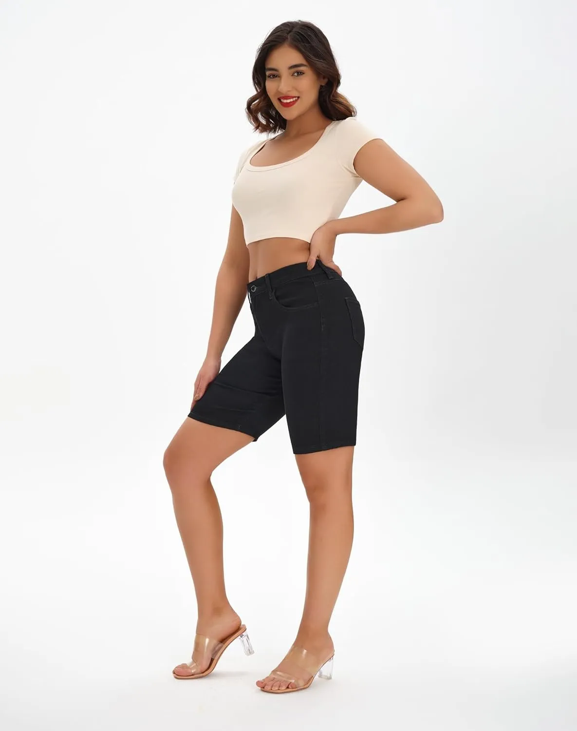 roswear Women's High Waisted Bermuda Shorts Stretchy Knee Length Jean Shorts