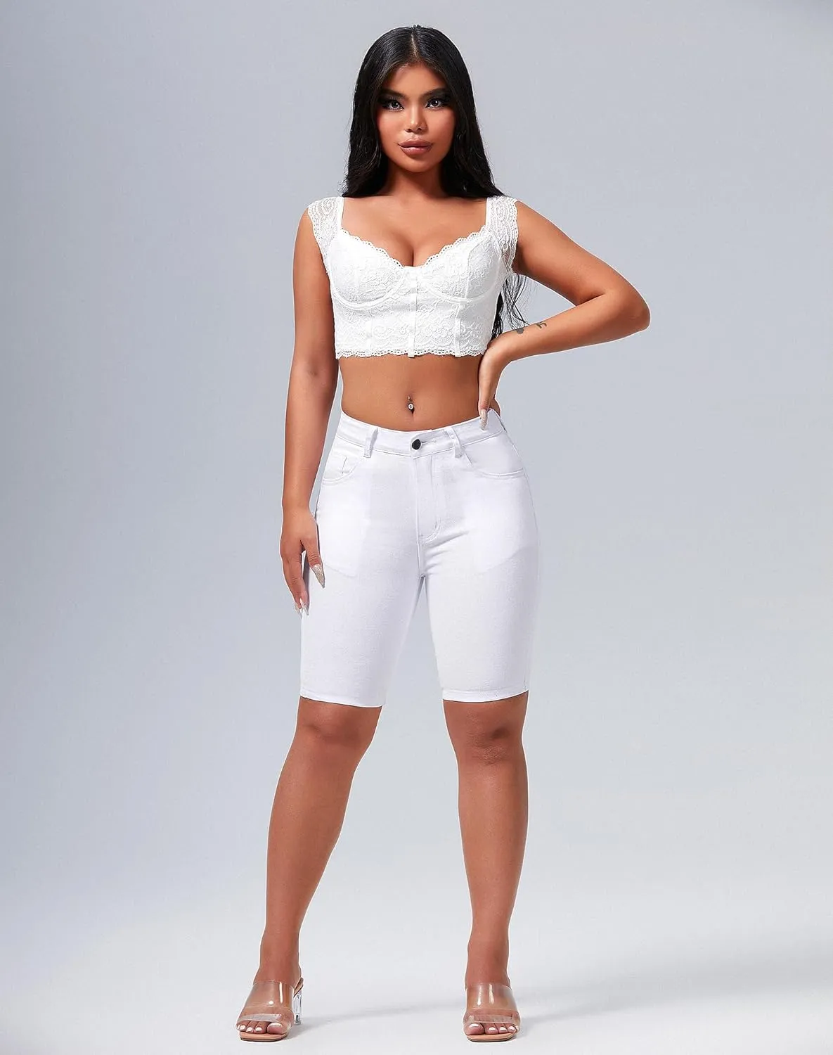 roswear Women's High Waisted Bermuda Shorts Stretchy Knee Length Jean Shorts