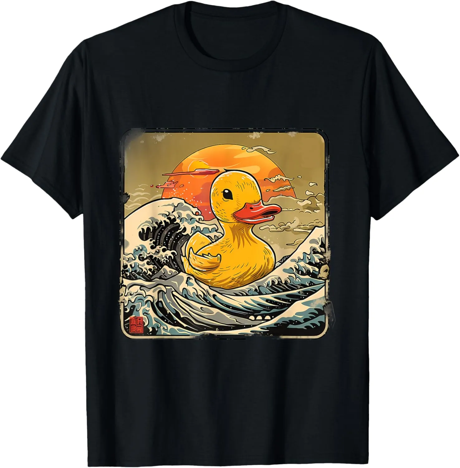 Rubber Duck Great Wave Ocean Sunset Drawing Rubber Duckling T-Shirt