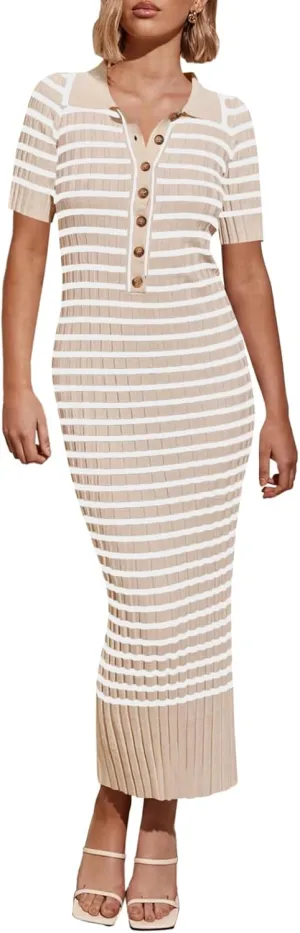 Saodimallsu Womens Bodycon Long Knit Dresses Summer Short Sleeve Striped V Neck Polo Elegant Midi Sweater Dress