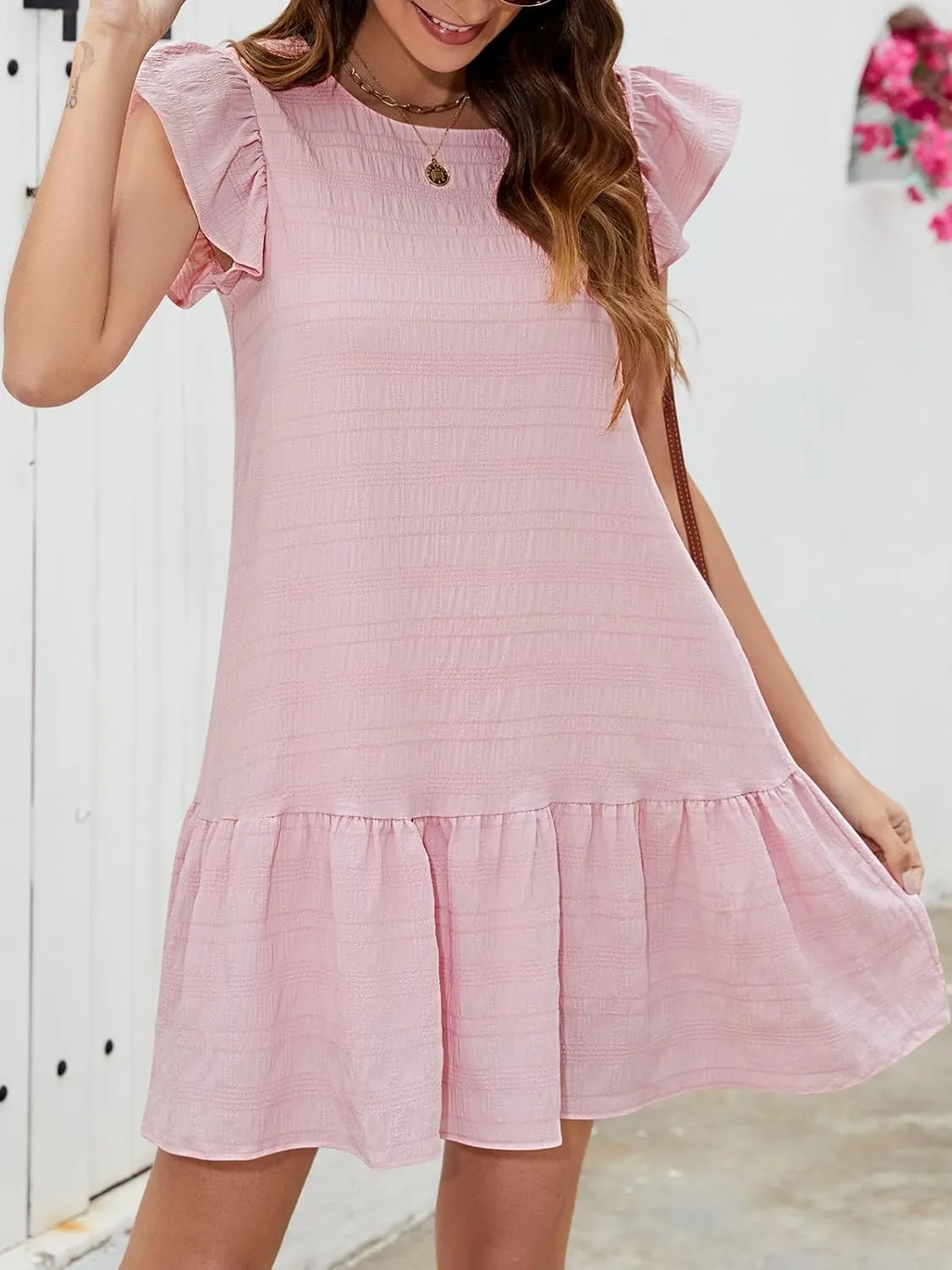 SENFURE Womens Summer Dresses Ruffle Cap Sleeve Mini Dress 2025 Crewneck Tie-Back Babydoll Short Sundress