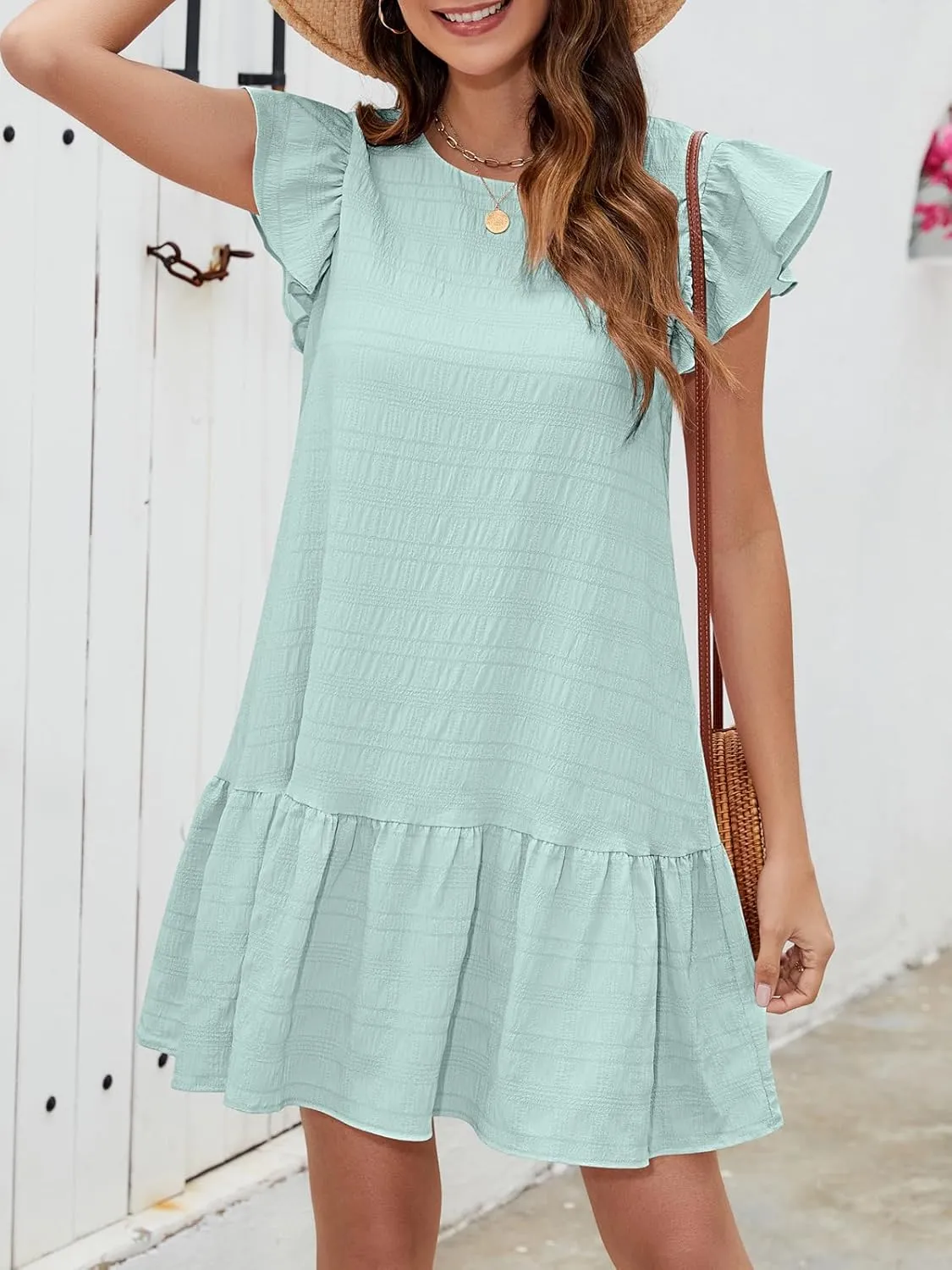SENFURE Womens Summer Dresses Ruffle Cap Sleeve Mini Dress 2025 Crewneck Tie-Back Babydoll Short Sundress