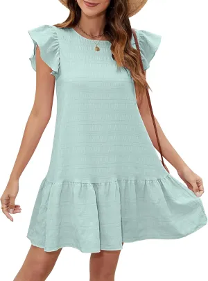 SENFURE Womens Summer Dresses Ruffle Cap Sleeve Mini Dress 2025 Crewneck Tie-Back Babydoll Short Sundress