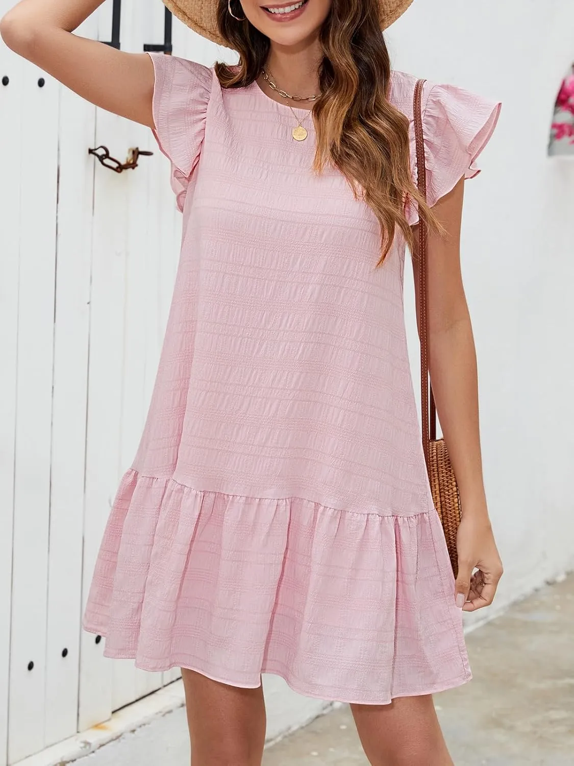 SENFURE Womens Summer Dresses Ruffle Cap Sleeve Mini Dress 2025 Crewneck Tie-Back Babydoll Short Sundress