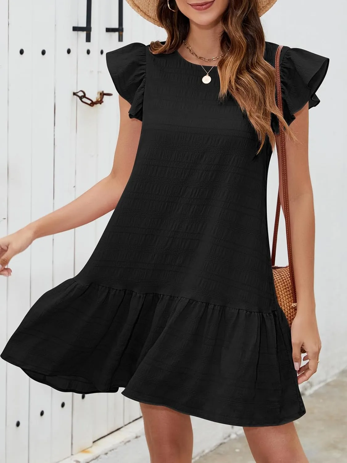 SENFURE Womens Summer Dresses Ruffle Cap Sleeve Mini Dress 2025 Crewneck Tie-Back Babydoll Short Sundress