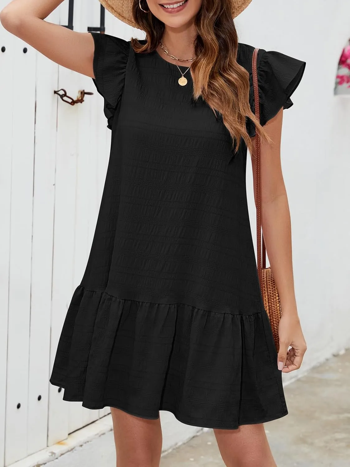 SENFURE Womens Summer Dresses Ruffle Cap Sleeve Mini Dress 2025 Crewneck Tie-Back Babydoll Short Sundress