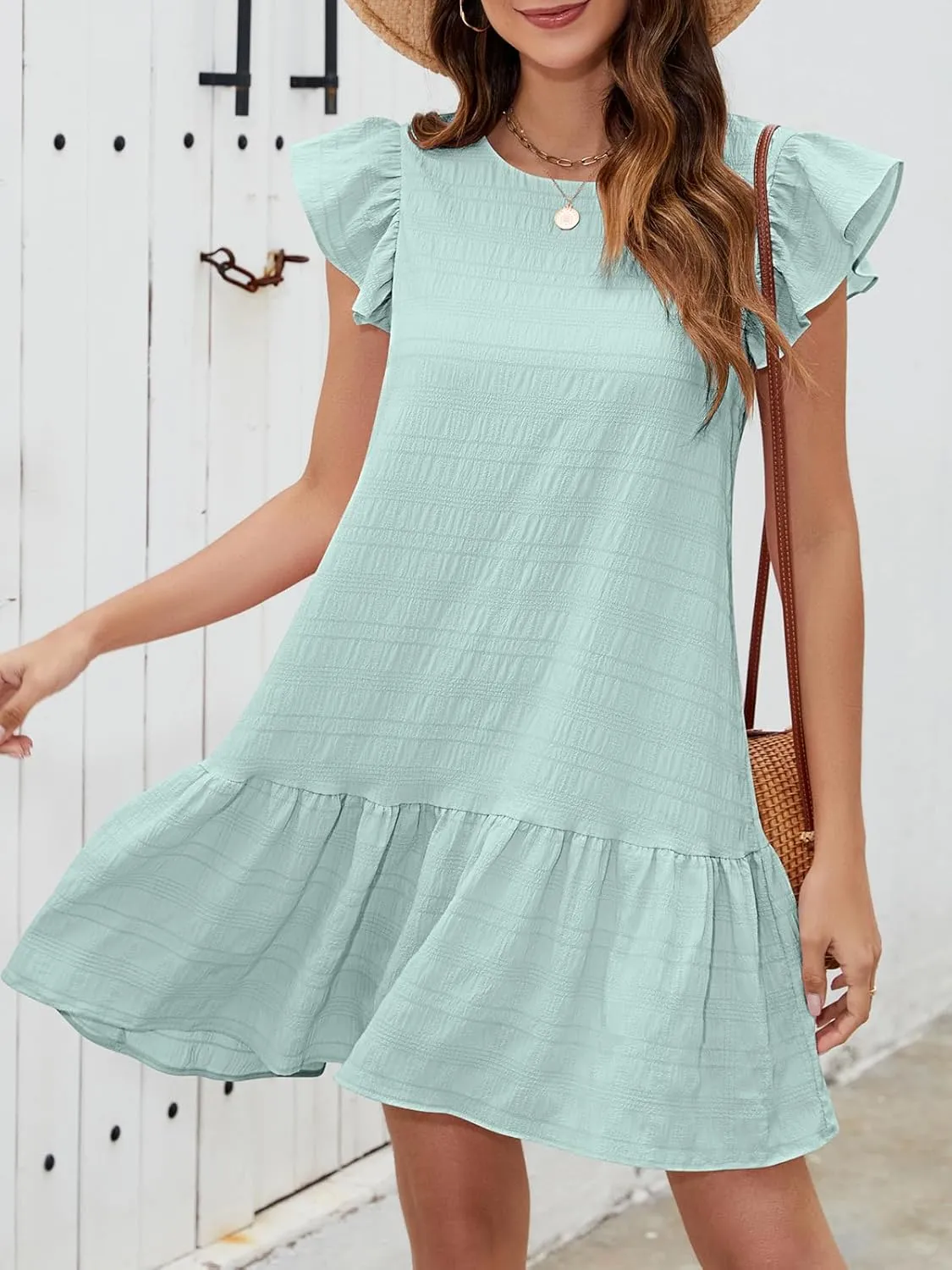 SENFURE Womens Summer Dresses Ruffle Cap Sleeve Mini Dress 2025 Crewneck Tie-Back Babydoll Short Sundress