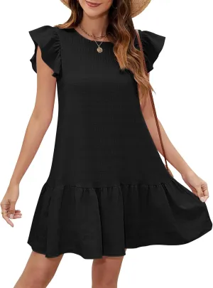 SENFURE Womens Summer Dresses Ruffle Cap Sleeve Mini Dress 2025 Crewneck Tie-Back Babydoll Short Sundress