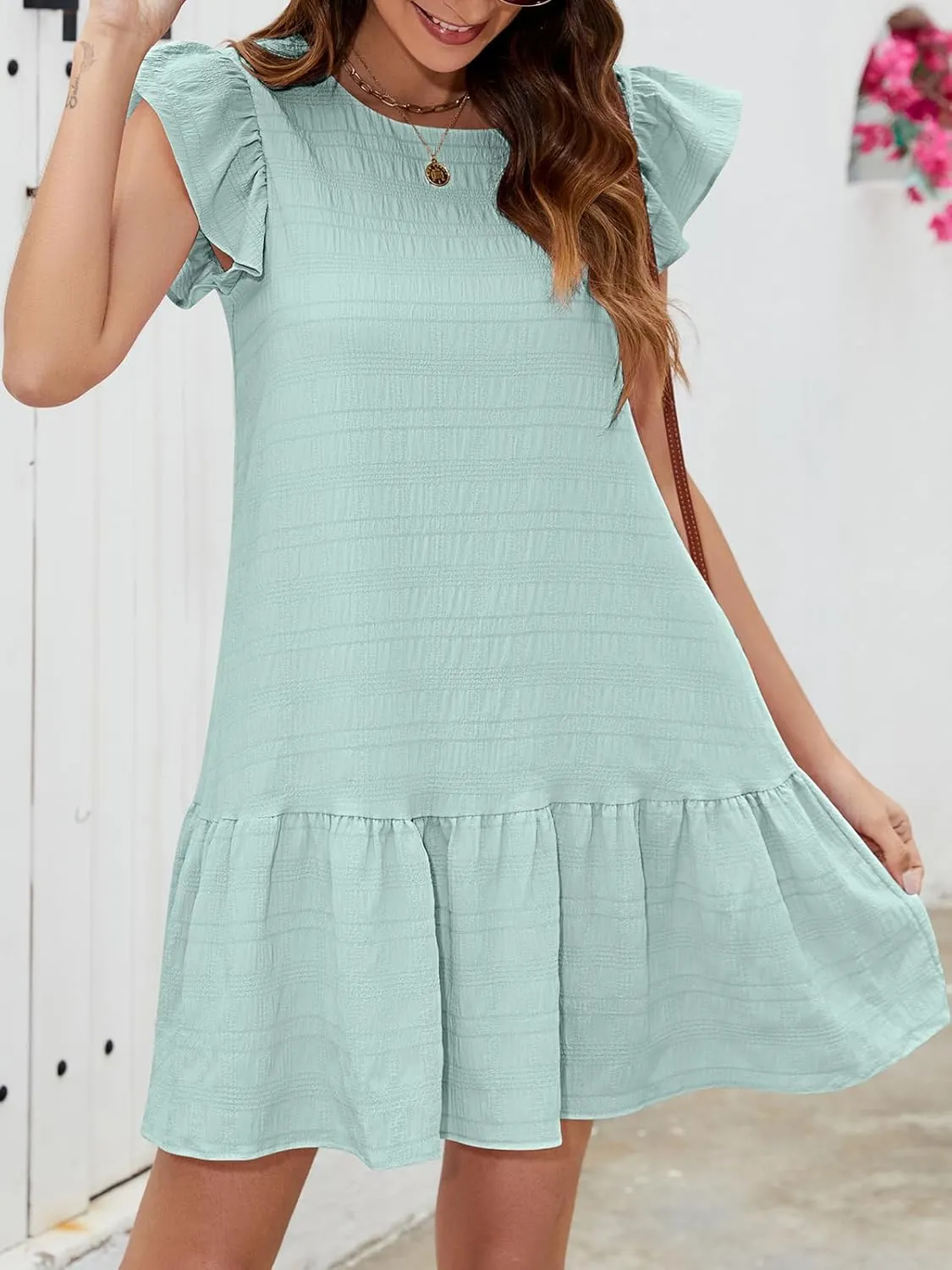 SENFURE Womens Summer Dresses Ruffle Cap Sleeve Mini Dress 2025 Crewneck Tie-Back Babydoll Short Sundress