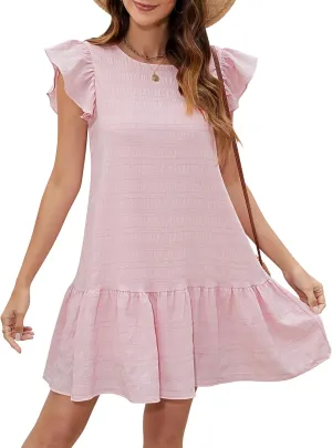 SENFURE Womens Summer Dresses Ruffle Cap Sleeve Mini Dress 2025 Crewneck Tie-Back Babydoll Short Sundress