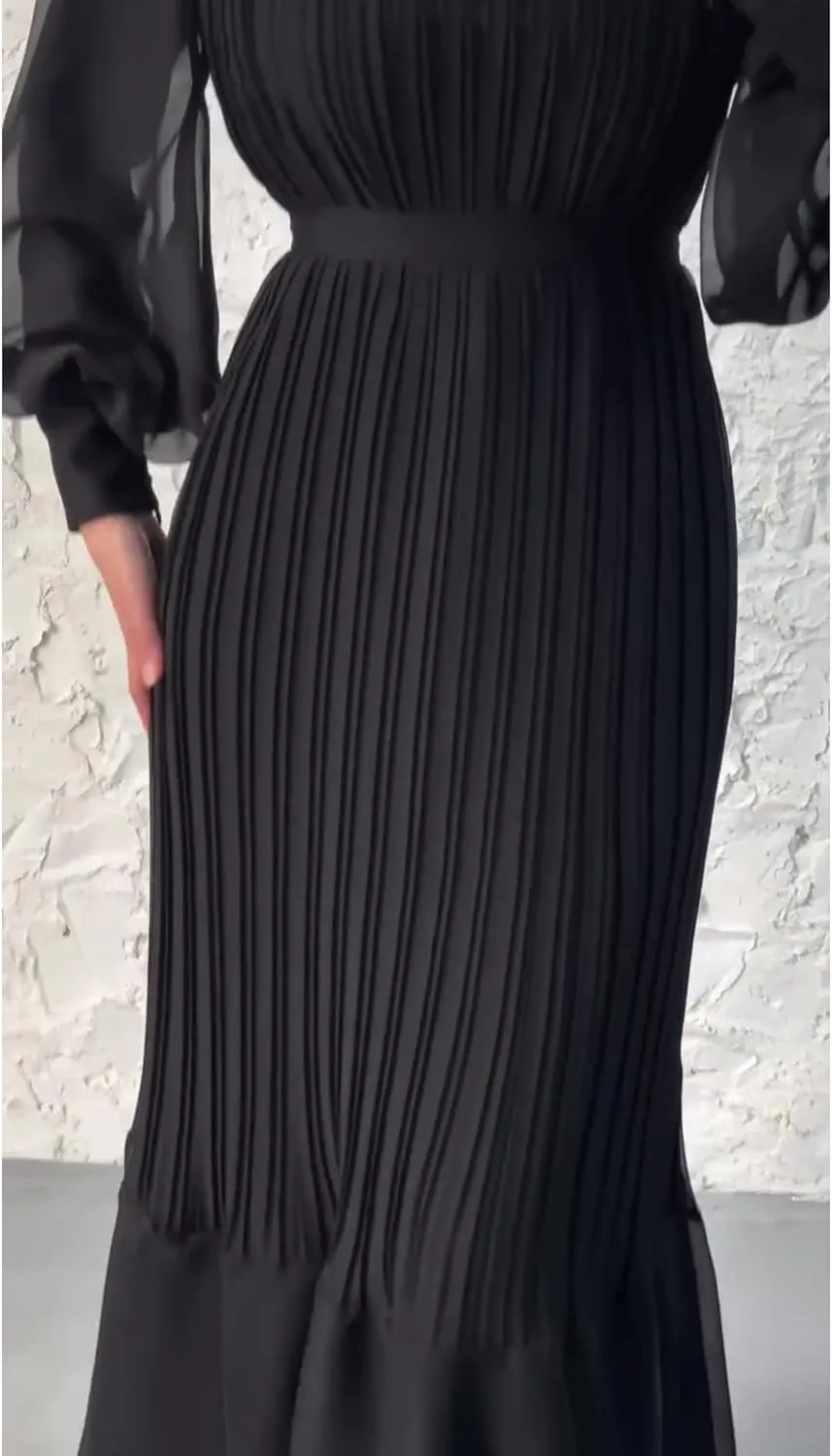 Sexyshine Women's Mock Neck Long Sleeve Full Pleated Chiffon Maxi Dress High Waist Belted A Line Cocktail Party Long Dress