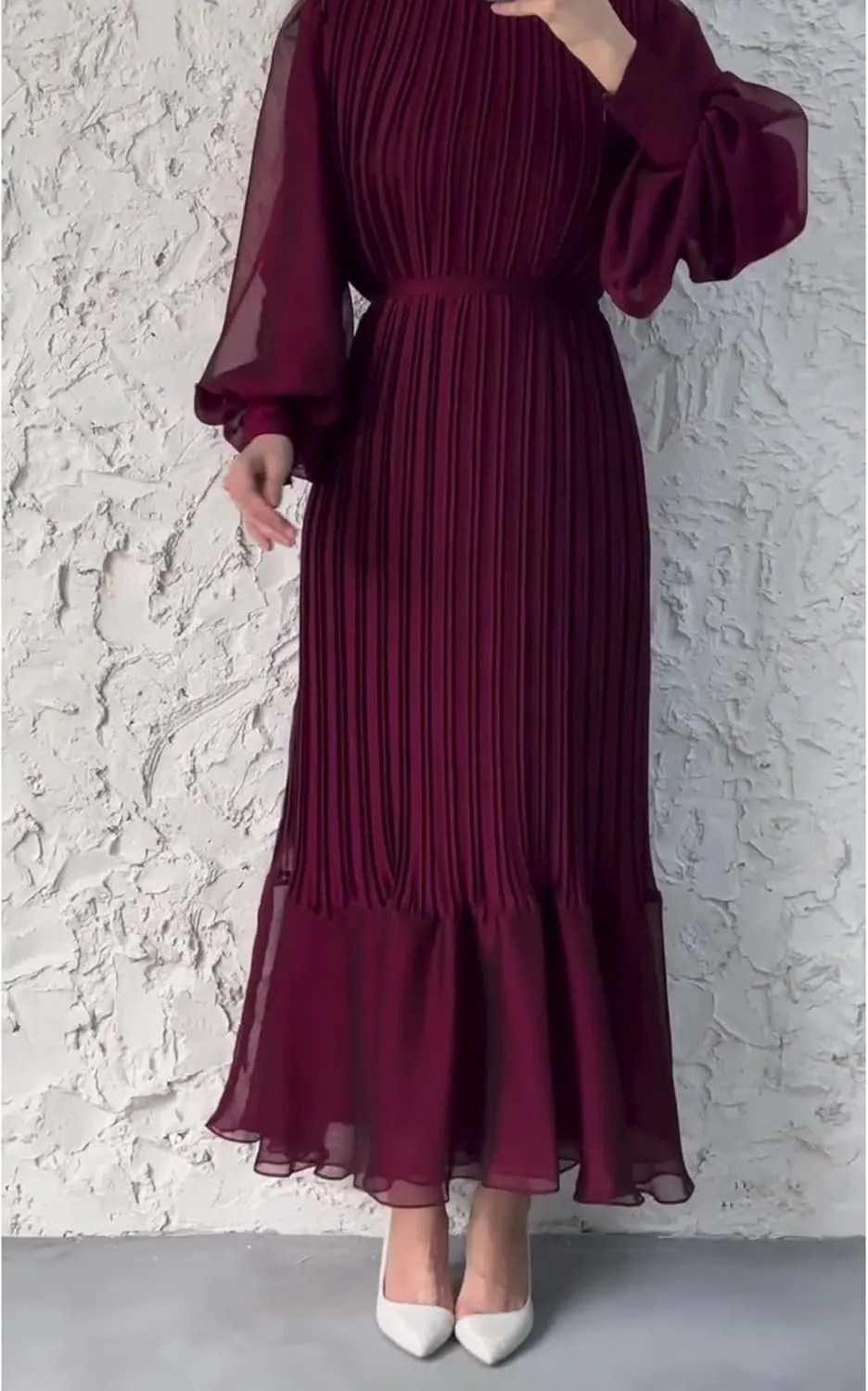 Sexyshine Women's Mock Neck Long Sleeve Full Pleated Chiffon Maxi Dress High Waist Belted A Line Cocktail Party Long Dress