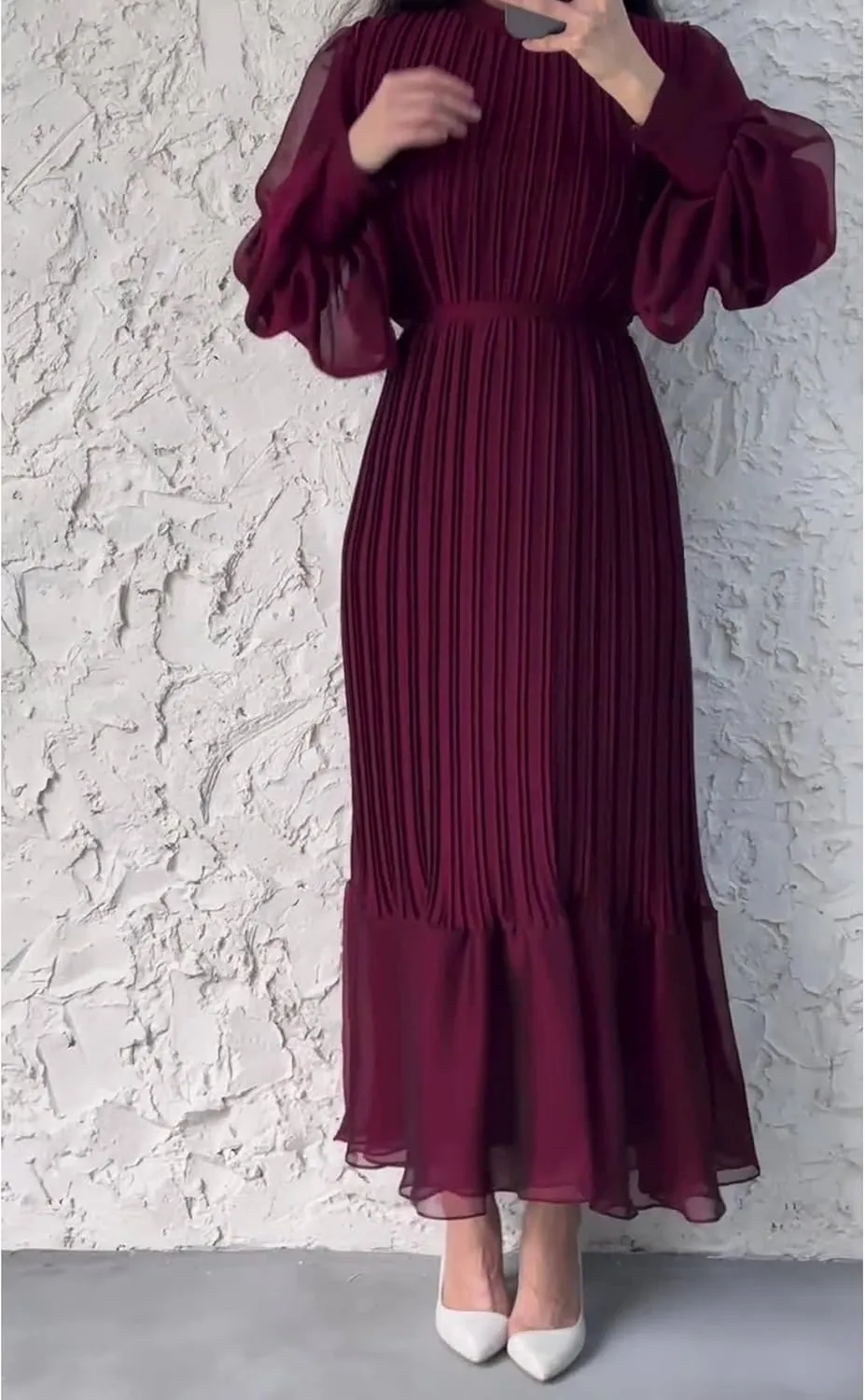 Sexyshine Women's Mock Neck Long Sleeve Full Pleated Chiffon Maxi Dress High Waist Belted A Line Cocktail Party Long Dress