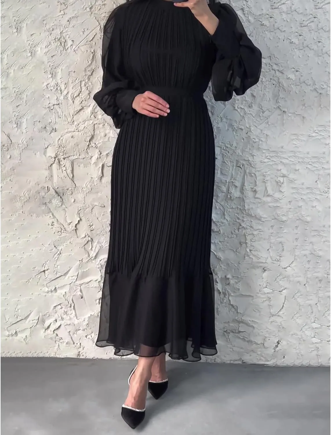 Sexyshine Women's Mock Neck Long Sleeve Full Pleated Chiffon Maxi Dress High Waist Belted A Line Cocktail Party Long Dress
