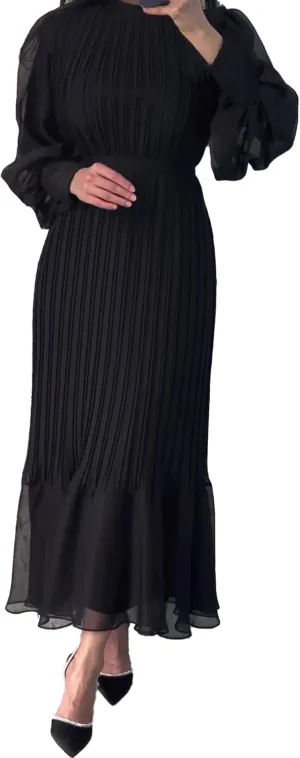 Sexyshine Women's Mock Neck Long Sleeve Full Pleated Chiffon Maxi Dress High Waist Belted A Line Cocktail Party Long Dress