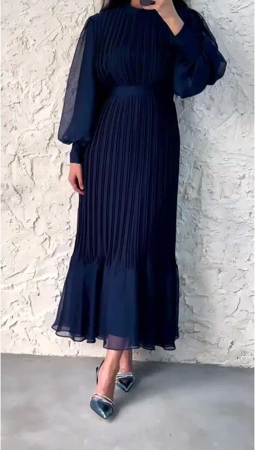 Sexyshine Women's Mock Neck Long Sleeve Full Pleated Chiffon Maxi Dress High Waist Belted A Line Cocktail Party Long Dress