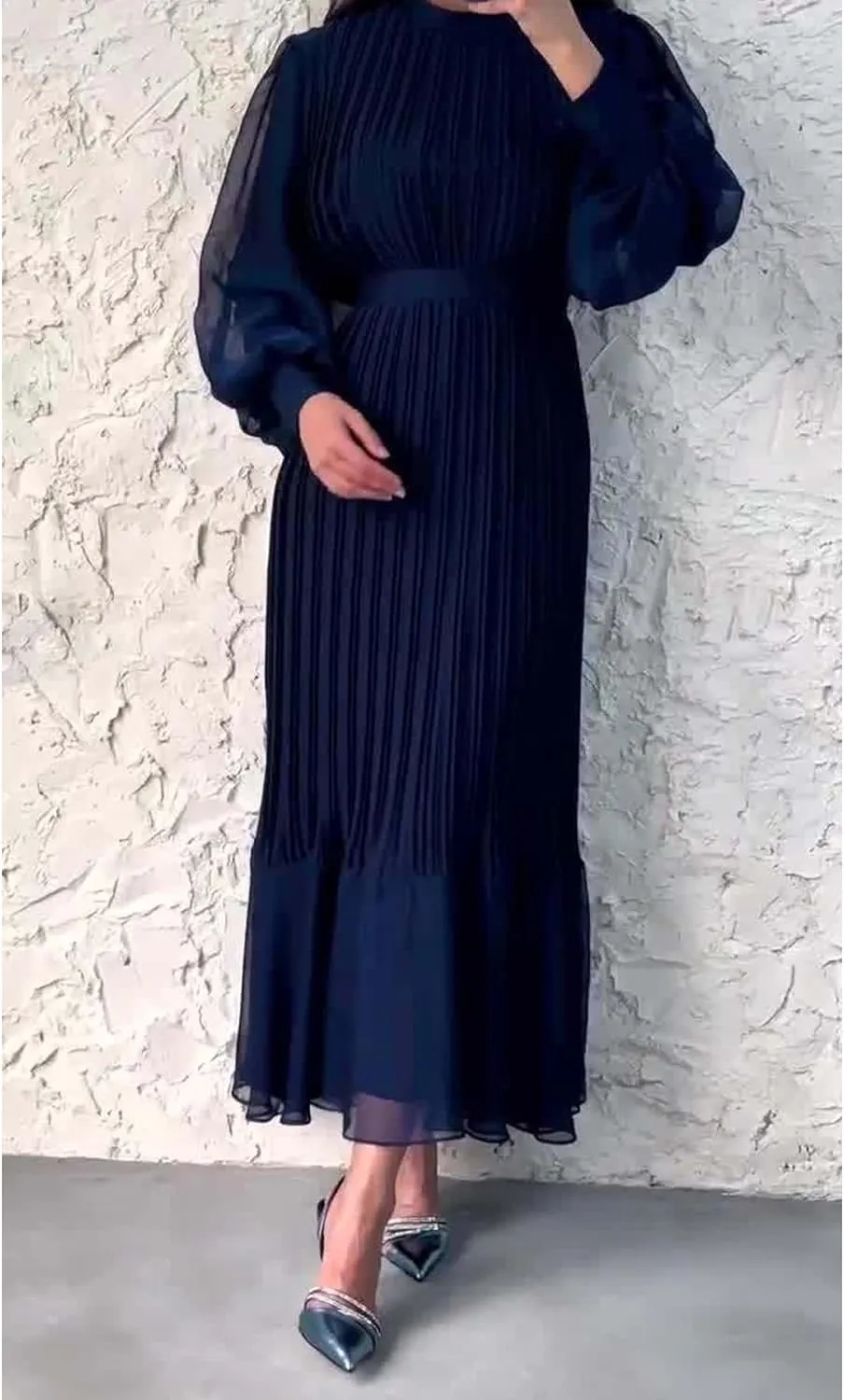 Sexyshine Women's Mock Neck Long Sleeve Full Pleated Chiffon Maxi Dress High Waist Belted A Line Cocktail Party Long Dress