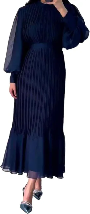 Sexyshine Women's Mock Neck Long Sleeve Full Pleated Chiffon Maxi Dress High Waist Belted A Line Cocktail Party Long Dress