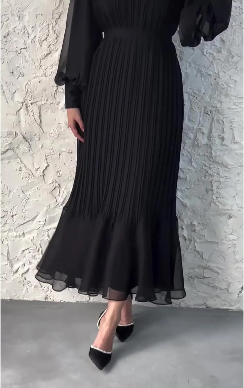 Sexyshine Women's Mock Neck Long Sleeve Full Pleated Chiffon Maxi Dress High Waist Belted A Line Cocktail Party Long Dress
