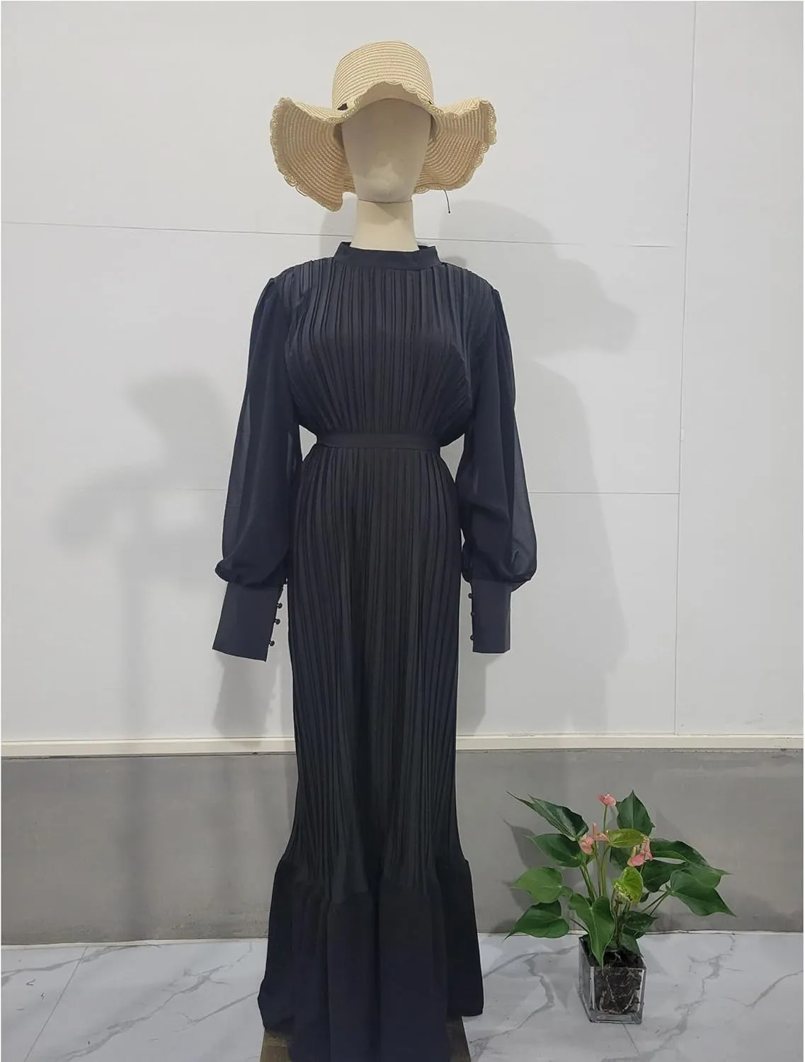 Sexyshine Women's Mock Neck Long Sleeve Full Pleated Chiffon Maxi Dress High Waist Belted A Line Cocktail Party Long Dress
