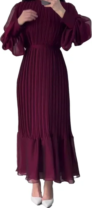 Sexyshine Women's Mock Neck Long Sleeve Full Pleated Chiffon Maxi Dress High Waist Belted A Line Cocktail Party Long Dress