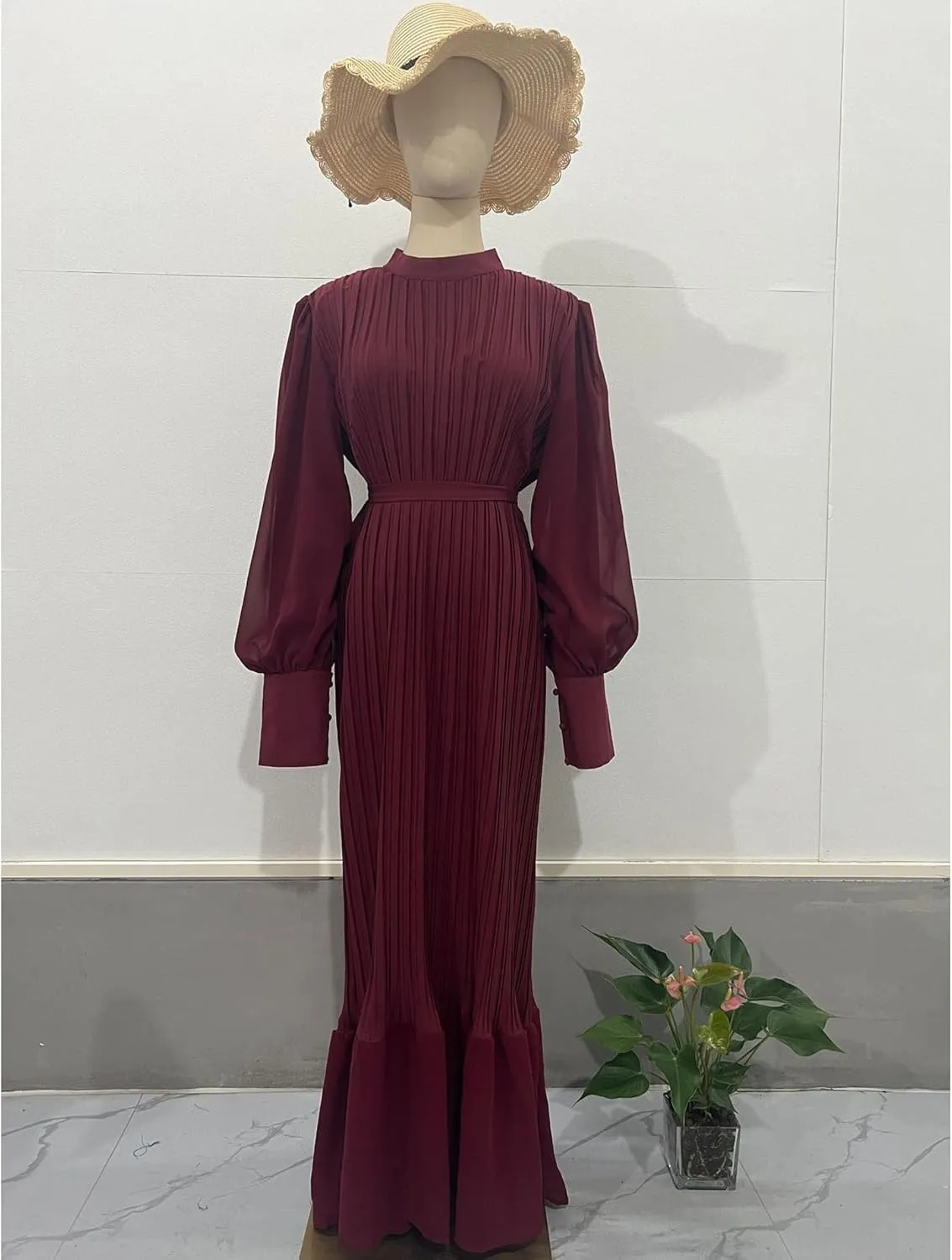 Sexyshine Women's Mock Neck Long Sleeve Full Pleated Chiffon Maxi Dress High Waist Belted A Line Cocktail Party Long Dress