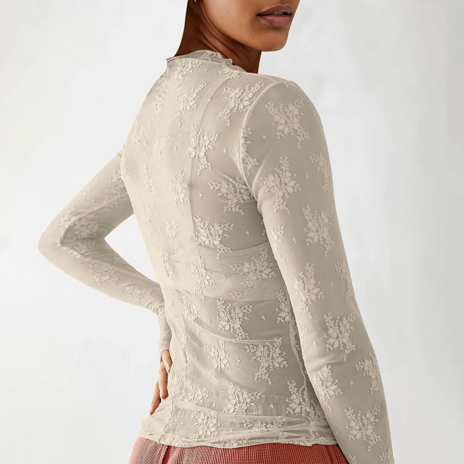 Sheer Long Sleeve Tops for Women Sexy Mesh See Through Shirts Y2k Mock Neck Floral Embroidery Lace Blouses