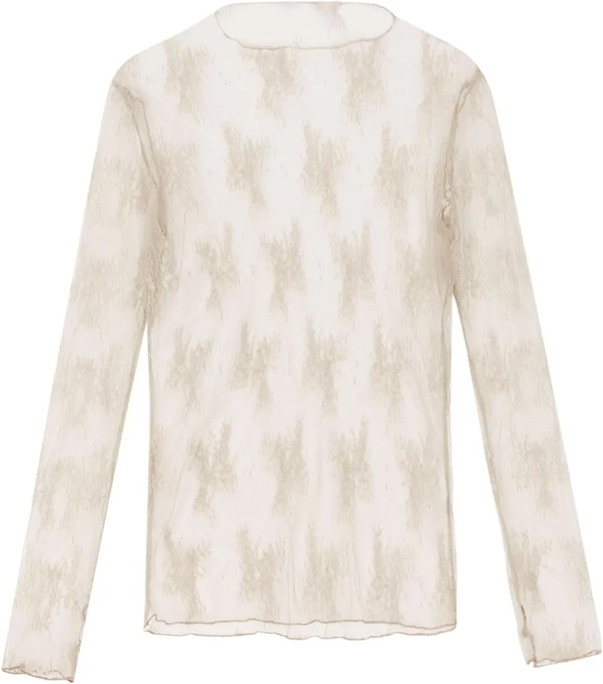 Sheer Long Sleeve Tops for Women Sexy Mesh See Through Shirts Y2k Mock Neck Floral Embroidery Lace Blouses