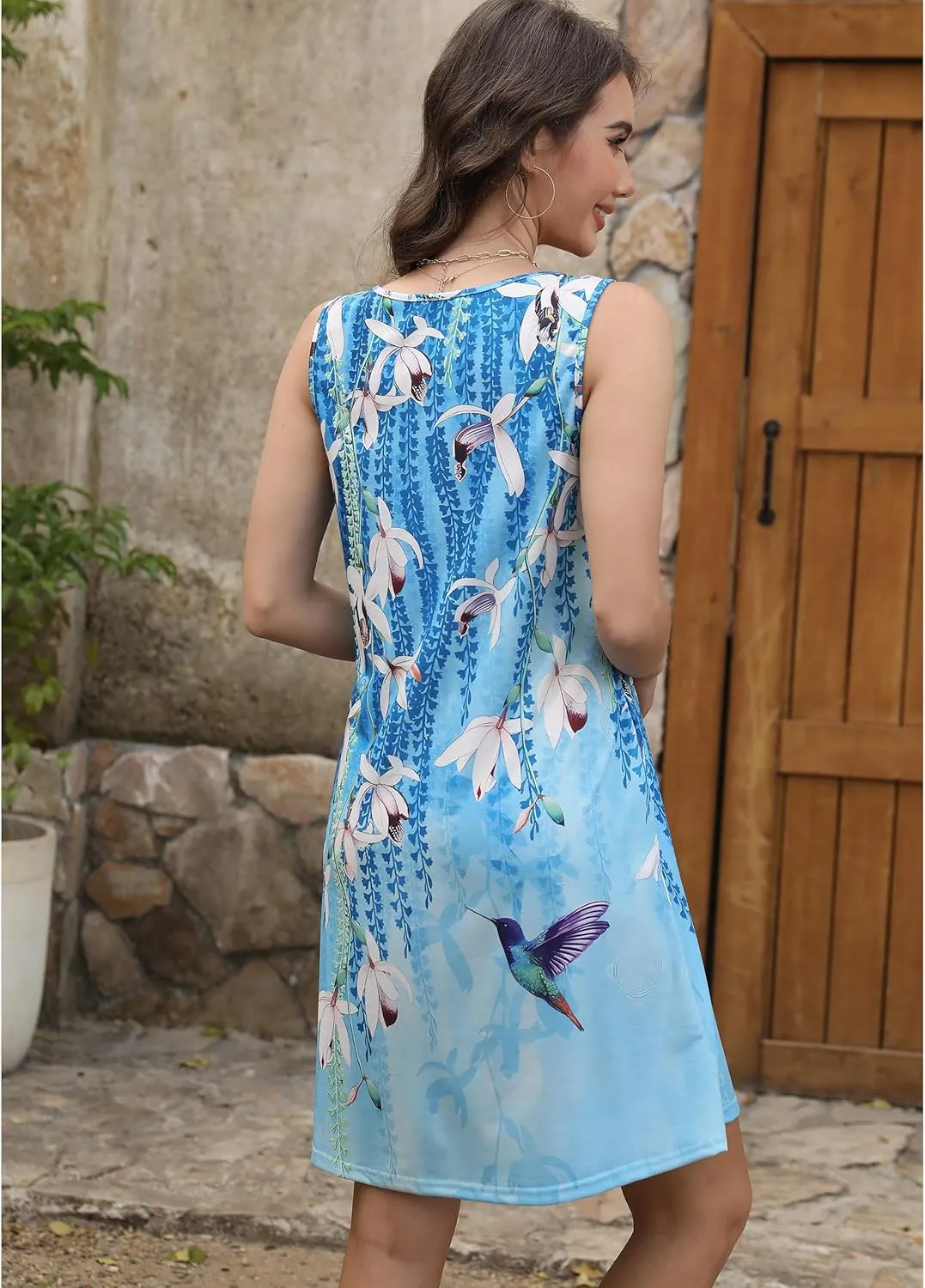 Sherosa Casual Summer Sleeveless V Neck Sundress Loose Beach Swimsuit Cover Up Floral Mini Dress with Pockets（S-XXL）