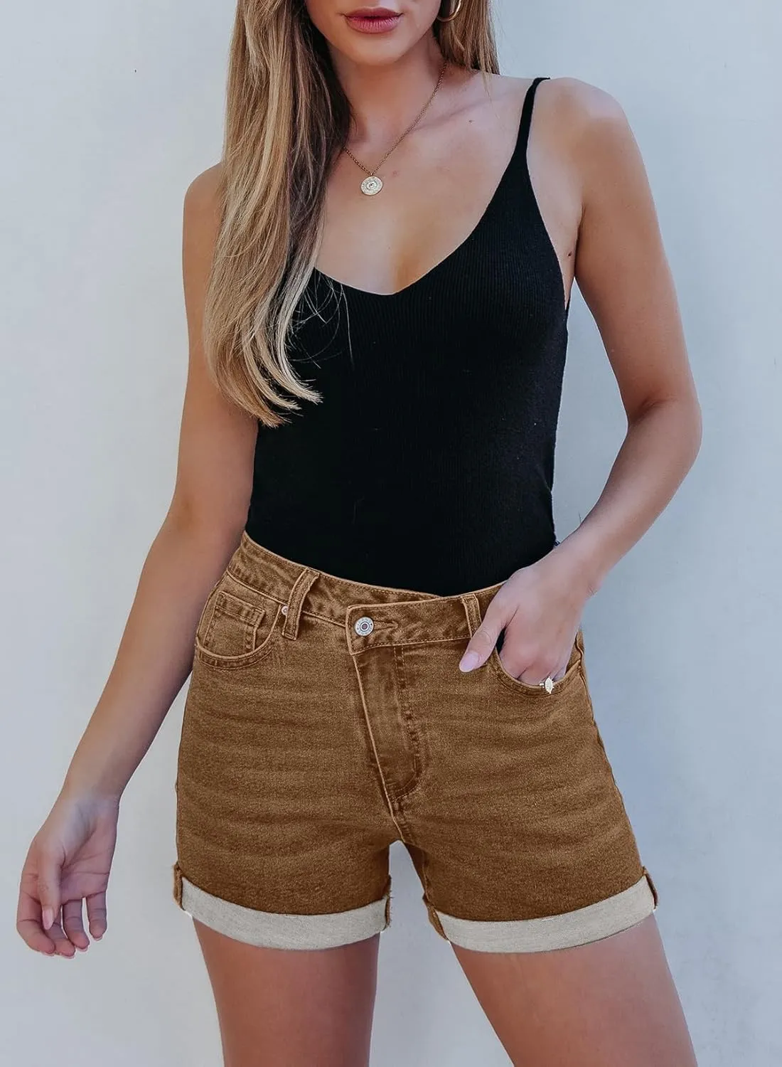 Sidefeel Women's Jean Shorts High Waisted Stretchy Casual Rolled Hem Zimbaplatinum Denim Shorts