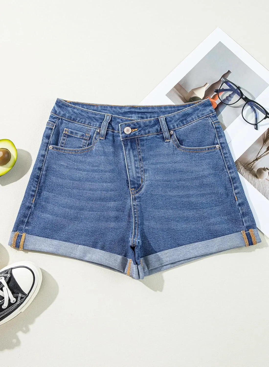 Sidefeel Women's Jean Shorts High Waisted Stretchy Casual Rolled Hem Zimbaplatinum Denim Shorts