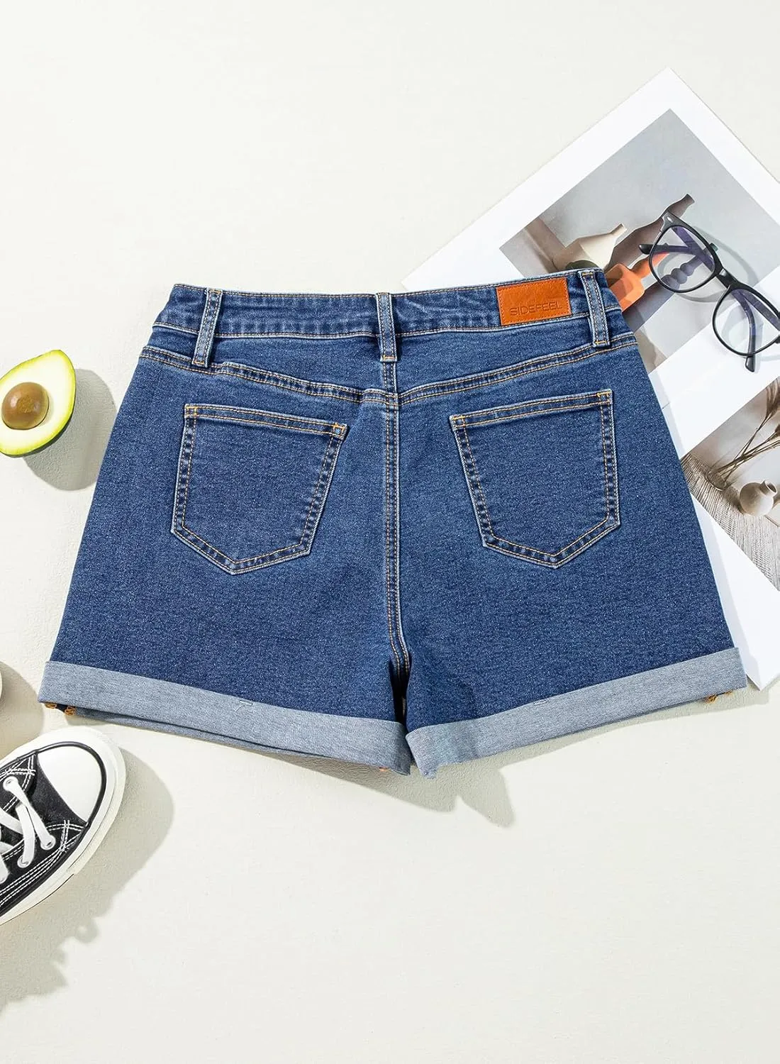 Sidefeel Women's Jean Shorts High Waisted Stretchy Casual Rolled Hem Zimbaplatinum Denim Shorts