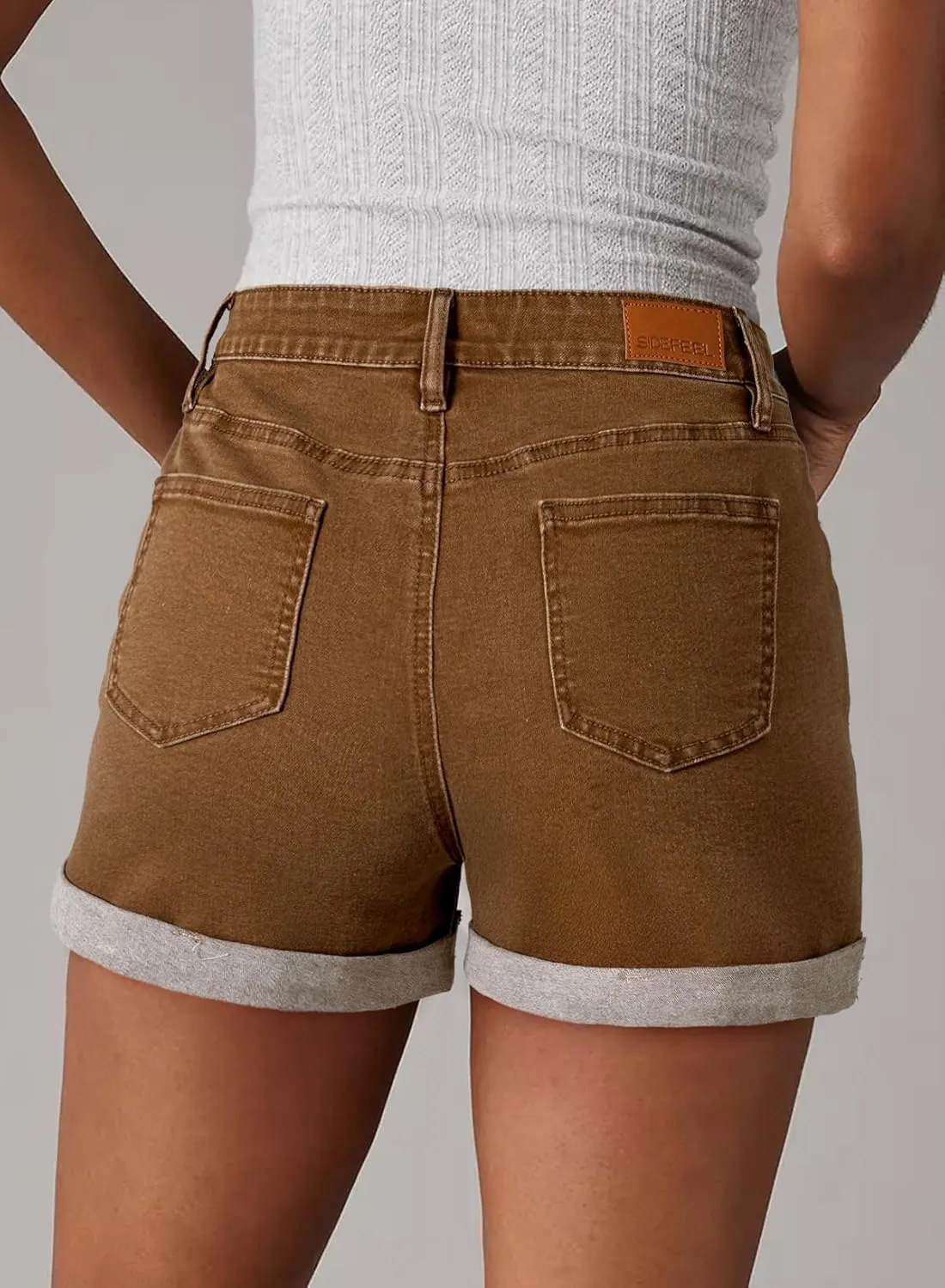 Sidefeel Women's Jean Shorts High Waisted Stretchy Casual Rolled Hem Zimbaplatinum Denim Shorts