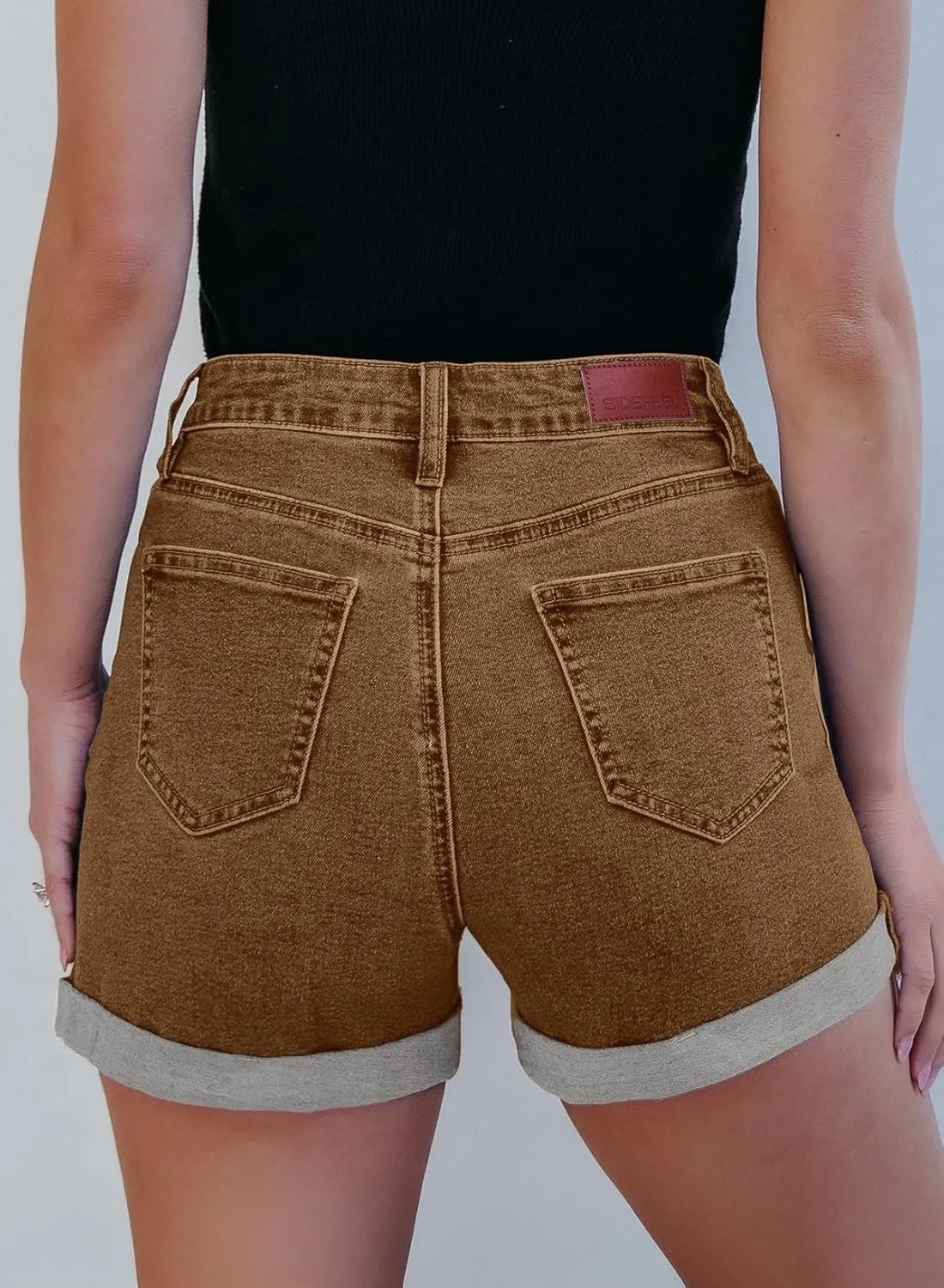 Sidefeel Women's Jean Shorts High Waisted Stretchy Casual Rolled Hem Zimbaplatinum Denim Shorts