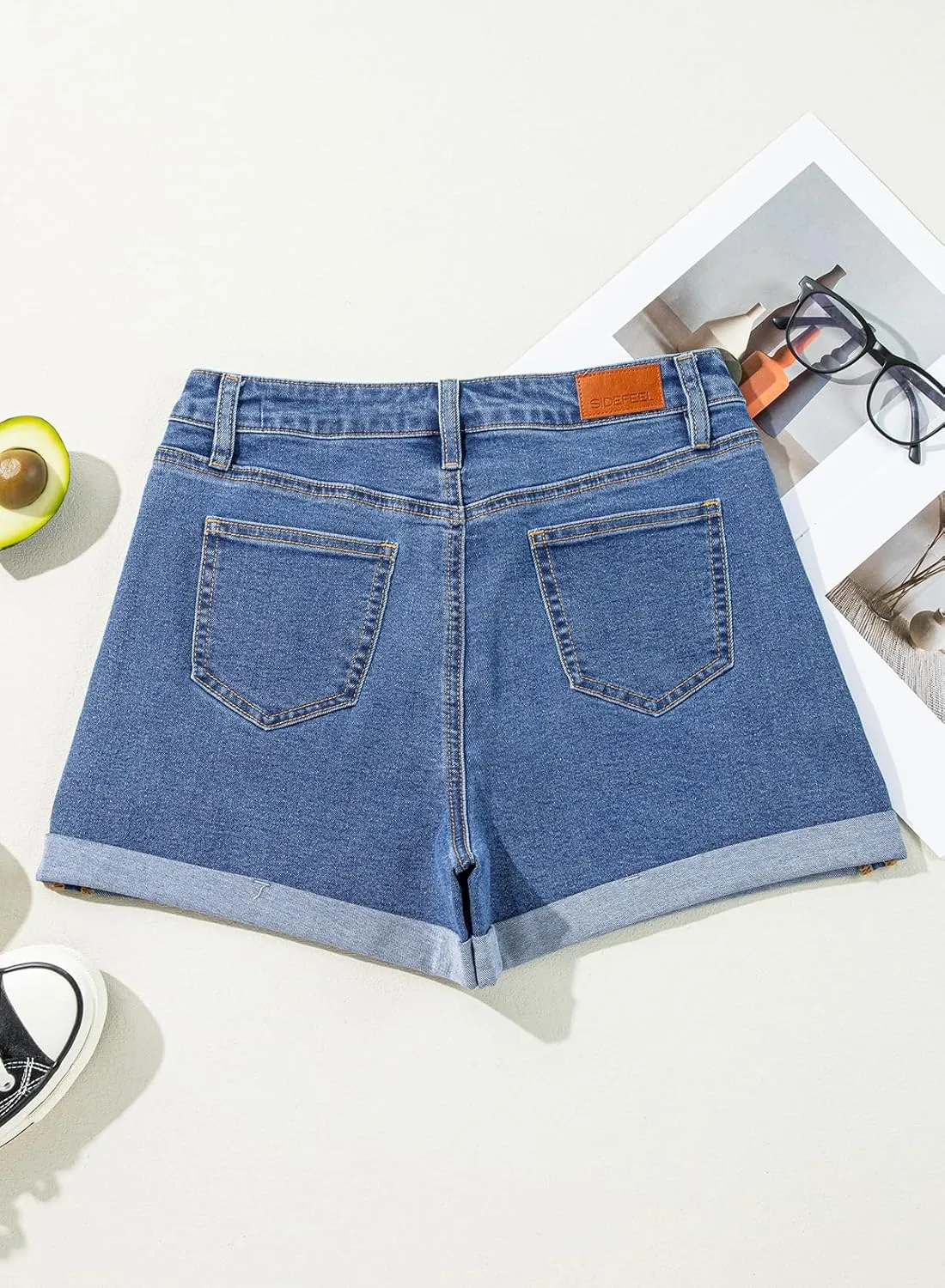 Sidefeel Women's Jean Shorts High Waisted Stretchy Casual Rolled Hem Zimbaplatinum Denim Shorts
