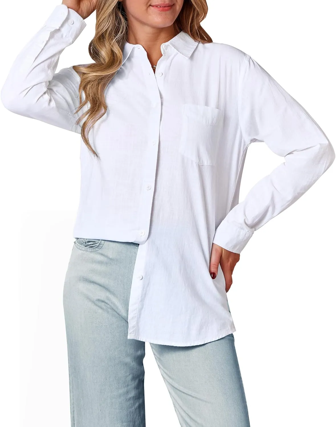 siliteelon Womens Button Down Shirt Linen Button Up Shirts for Women Long Sleeve Summer Shirt Collared Blouse Linen Tops