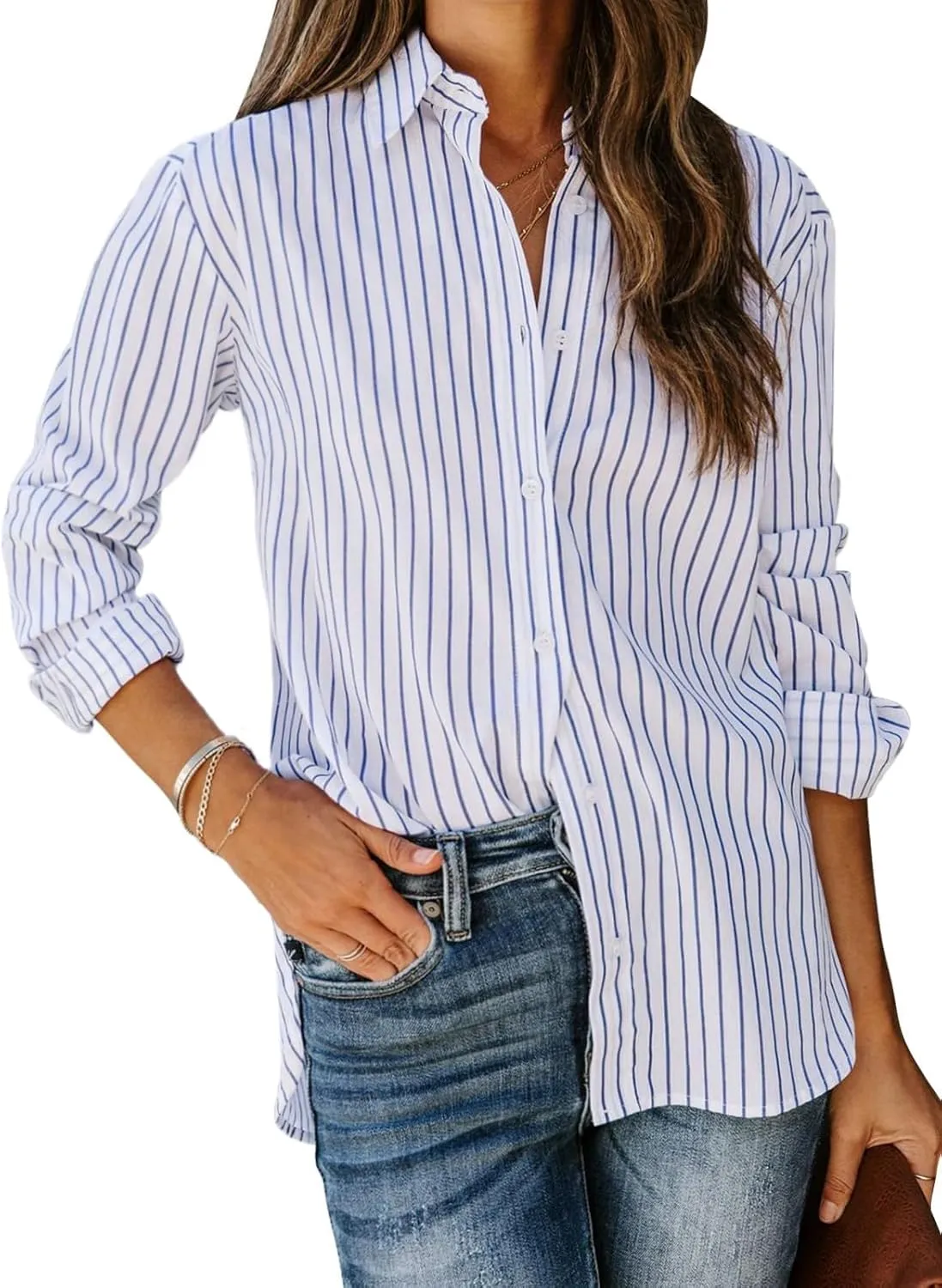 siliteelon Womens Button Down Shirts Cotton Striped Dress Shirt Long Sleeve Collared Office Work Blouses Tops