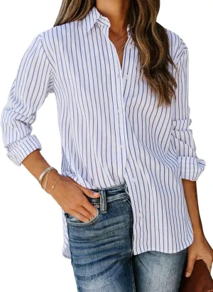 siliteelon Womens Button Down Shirts Cotton Striped Dress Shirt Long Sleeve Collared Office Work Blouses Tops