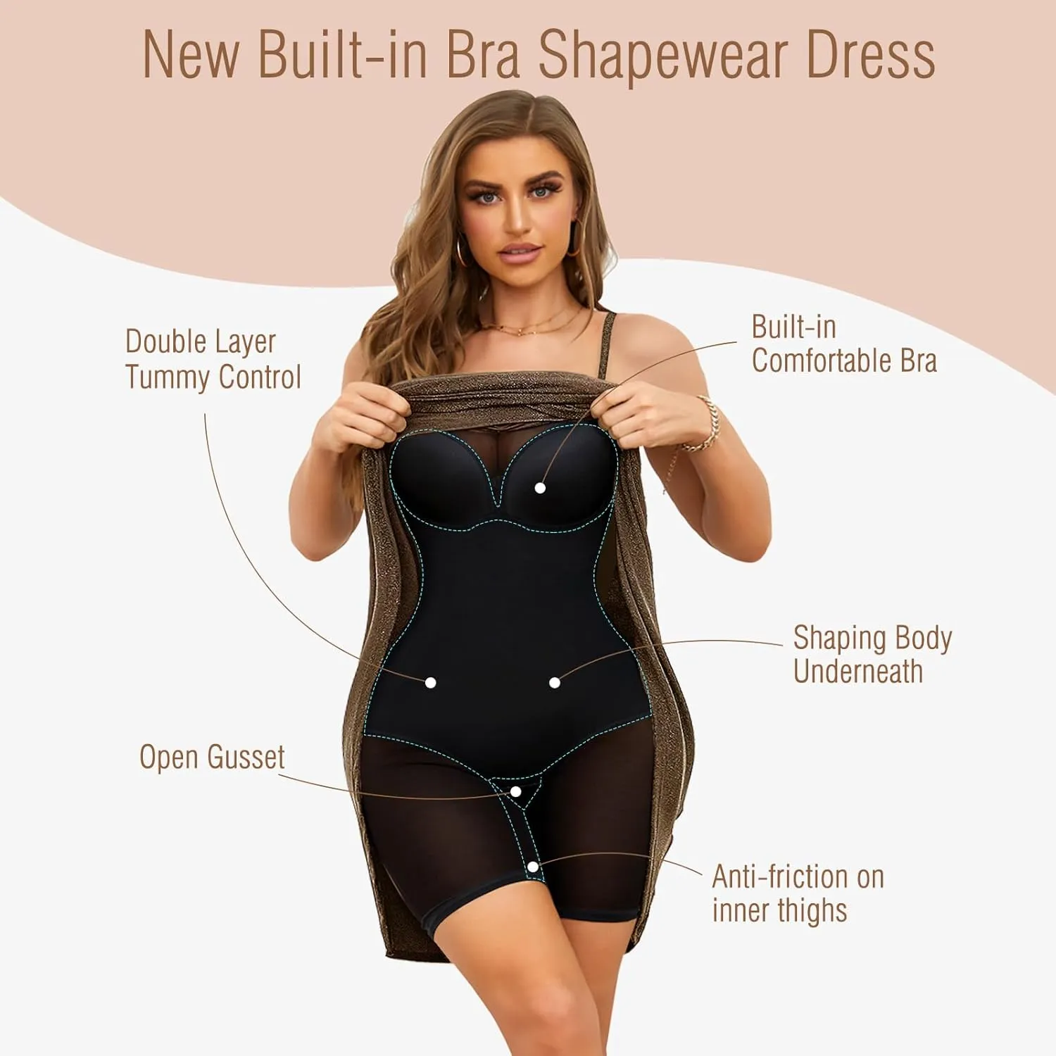 Slimers Women's Wedding Guest Shapewear Dresses Buit in Bra Layered Formal Spaghetti Strap Backless Full Slips Bodycon Dress