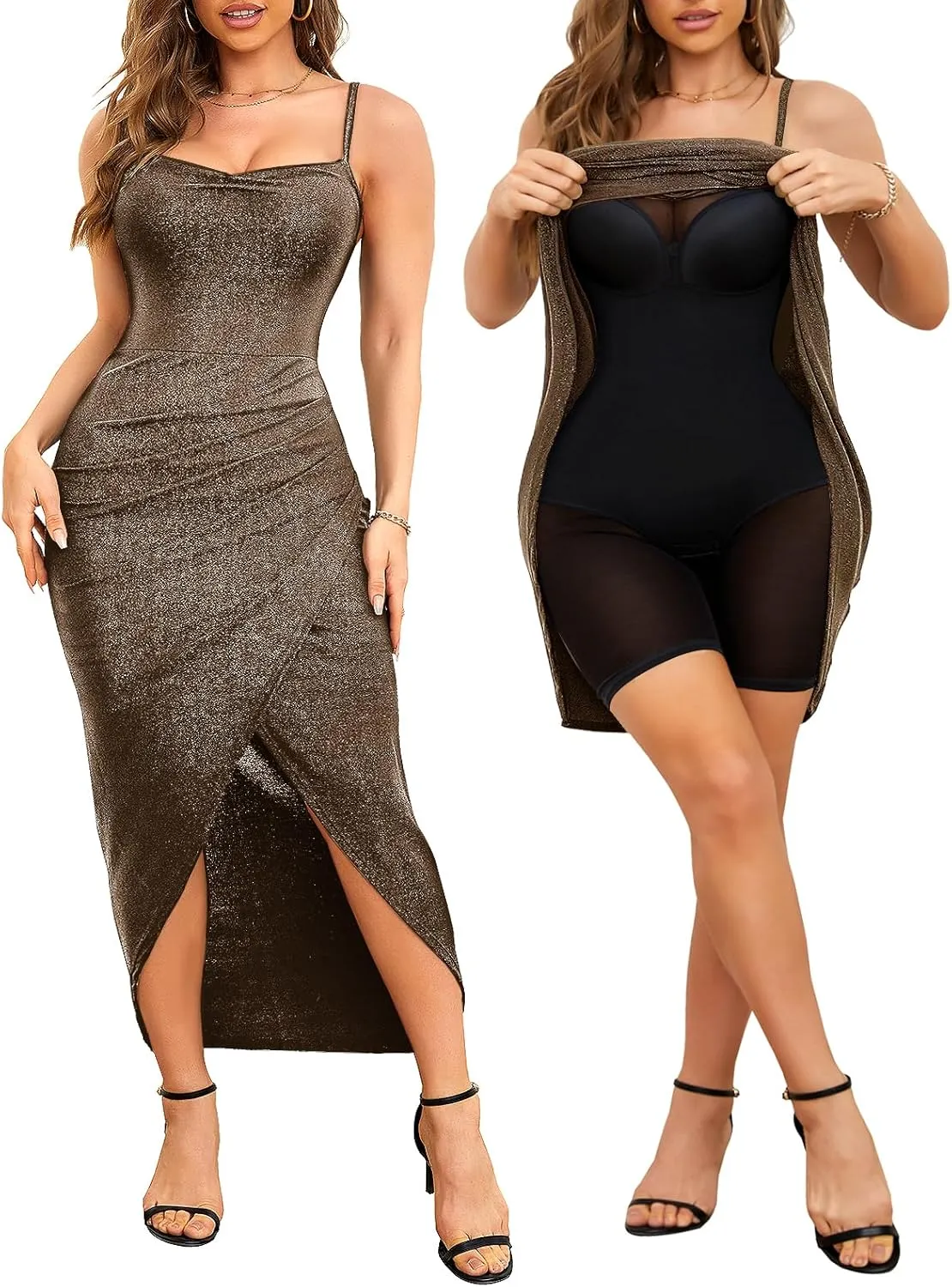 Slimers Women's Wedding Guest Shapewear Dresses Buit in Bra Layered Formal Spaghetti Strap Backless Full Slips Bodycon Dress