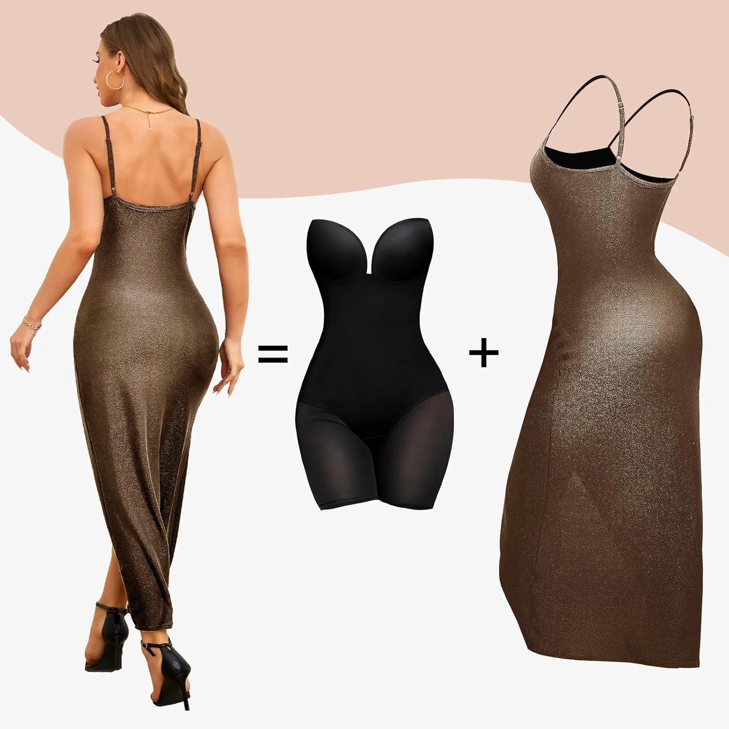 Slimers Women's Wedding Guest Shapewear Dresses Buit in Bra Layered Formal Spaghetti Strap Backless Full Slips Bodycon Dress