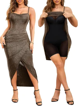Slimers Women's Wedding Guest Shapewear Dresses Buit in Bra Layered Formal Spaghetti Strap Backless Full Slips Bodycon Dress